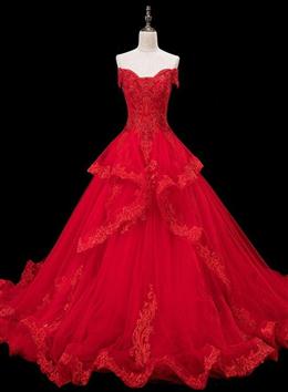 Picture of Red Color Lace and Tulle Gorgeous Off Shoulder Princess Sweet 16 Dresses, Red Color Formal Gown